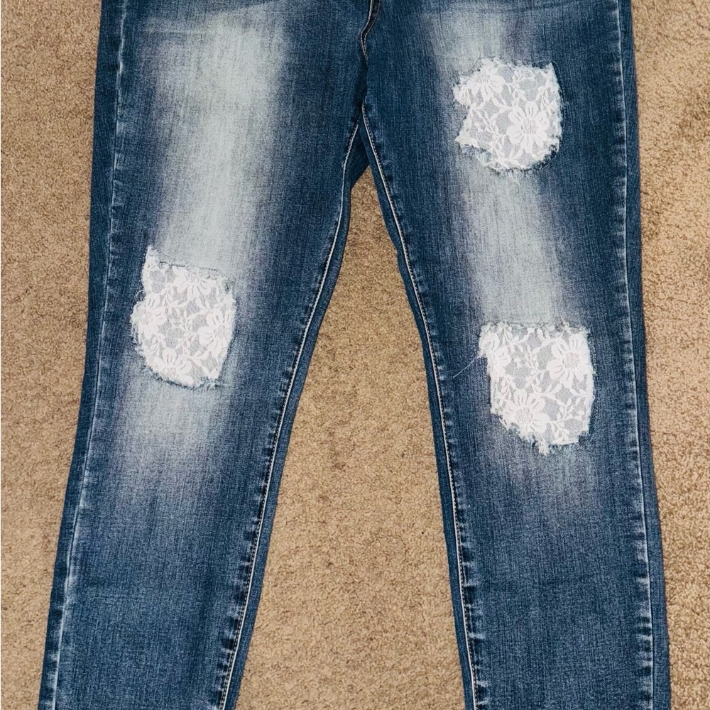 Women's Blue Distressed Jeans with Lace Patches